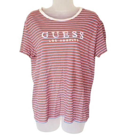 GUESS Womens T-Shirt XSmall Rainbow Strip Embroidered Pink Y2K Spring Multicolor - Picture 1 of 9